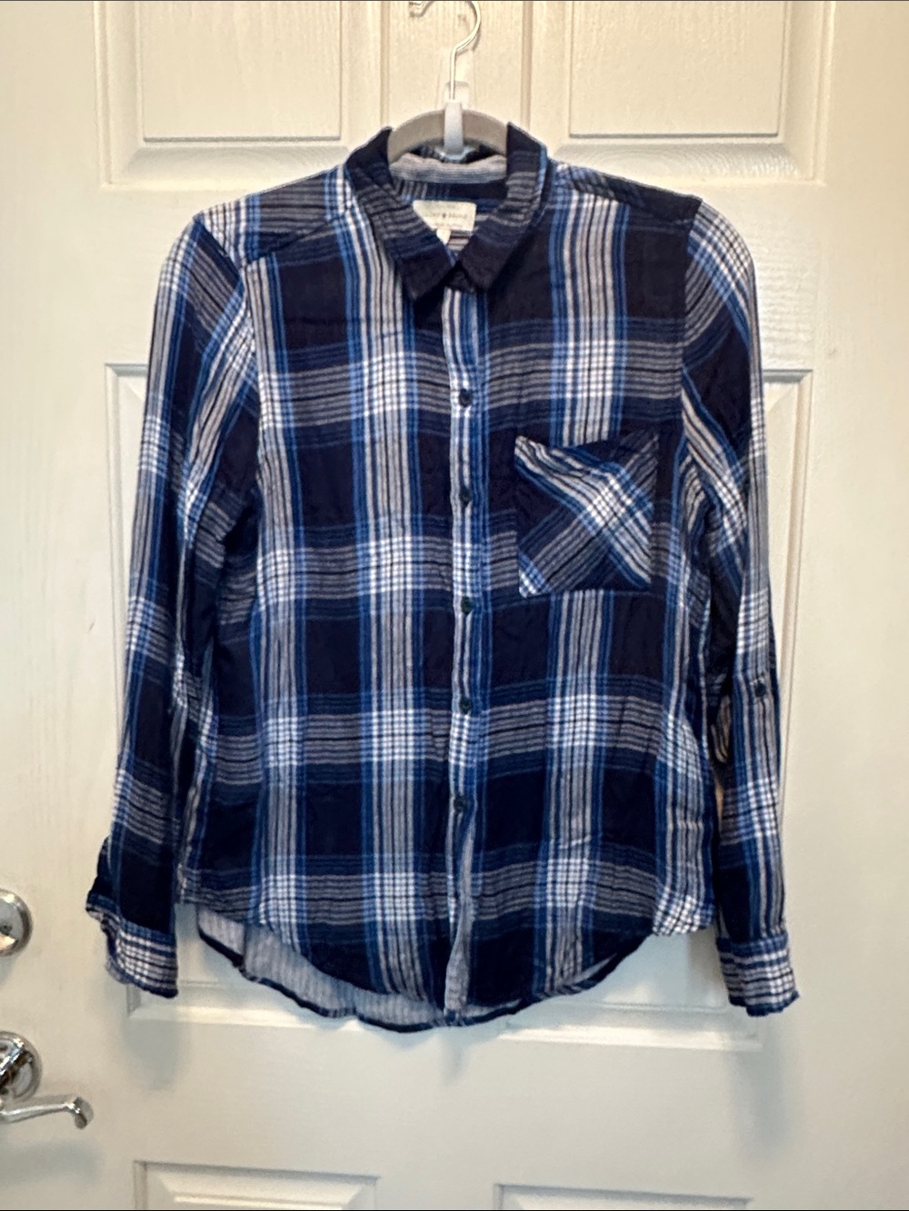 Lucky Brand Navy Blue and White Casual Plaid Button-Down Shirt Size Small